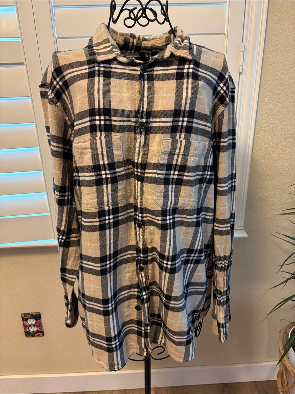 Handmade one of a kind Plaid Cow Patch Long-Sleeve Button-Up Shirt - Picture 4 of 6